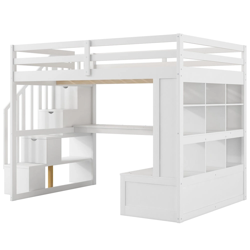 White Full Solid Wood Loft Bed with Desk & Drawers