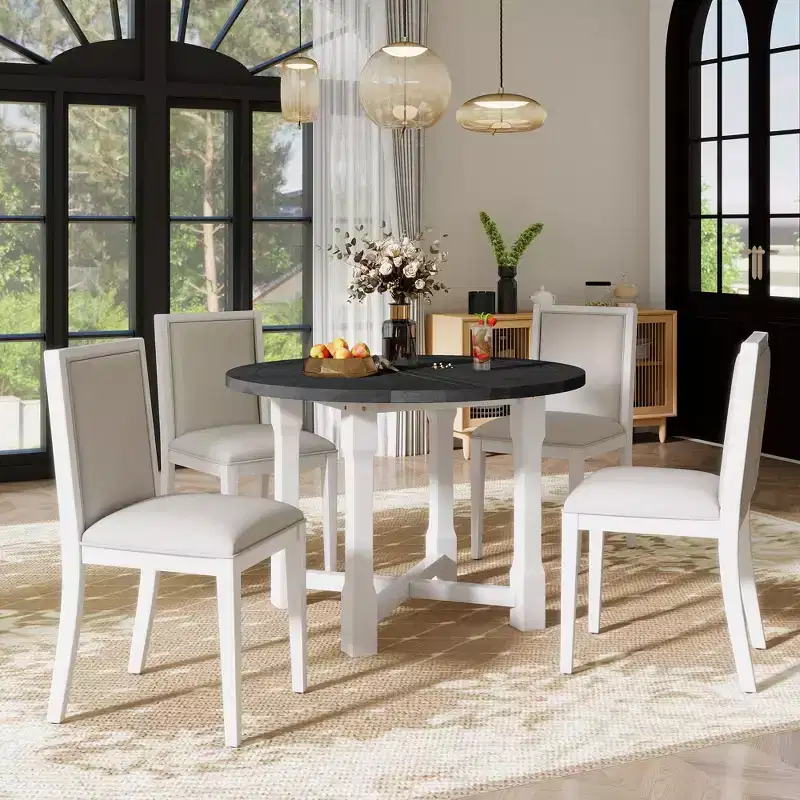Merax Farmhouse Style Kitchen Table with Removable Leaf & Upholstered Chairs