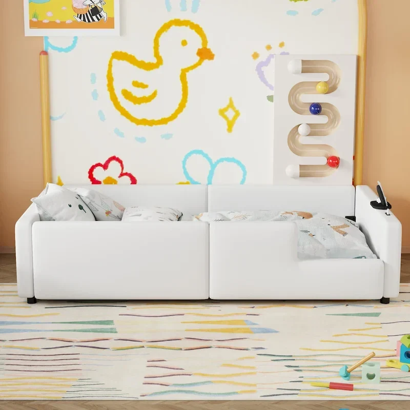 Twin Upholstered Bed with Guardrail & Charging Station