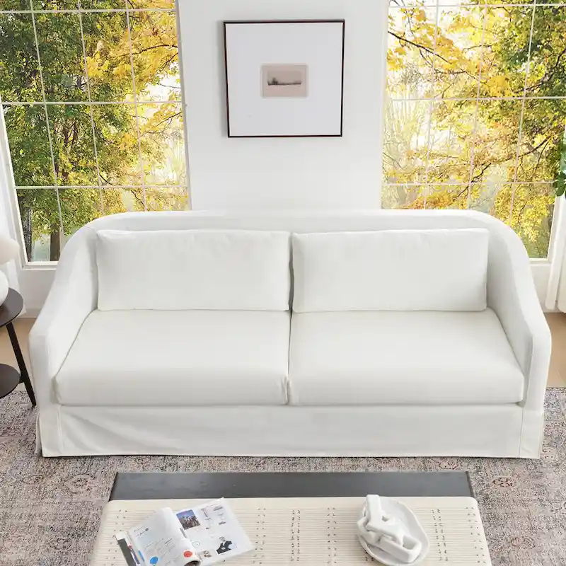 KINWELL 3-Seater Linen Slipcovered Sofa with 4 Pillows and Skirt, 90W