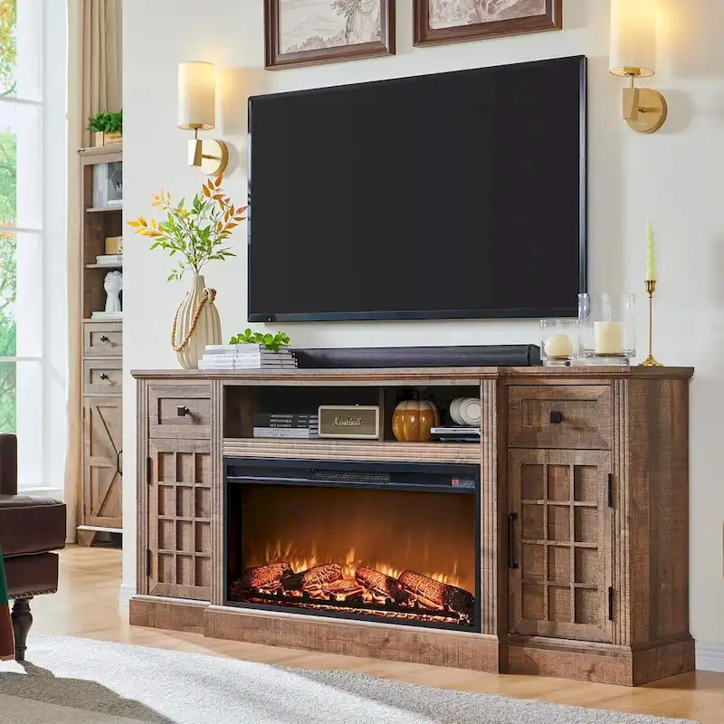 Black/Brown/White Farmhouse Electric Fireplace TV Stand, Fits 80