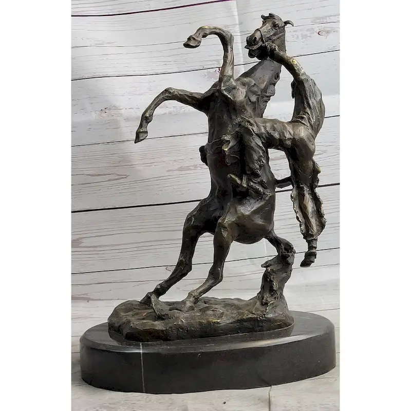 Cowboy Bucked Off Rearing Horse Bronze Sculpture Statue Country Western Decor Marble Base