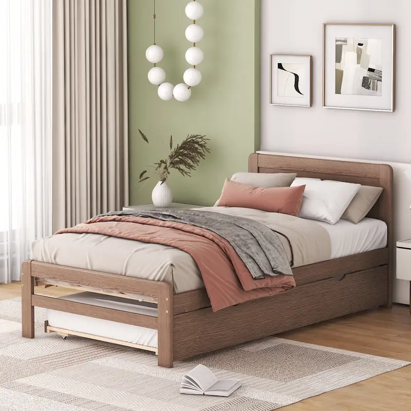 Brown Solid Wood Twin Bed with Trundle