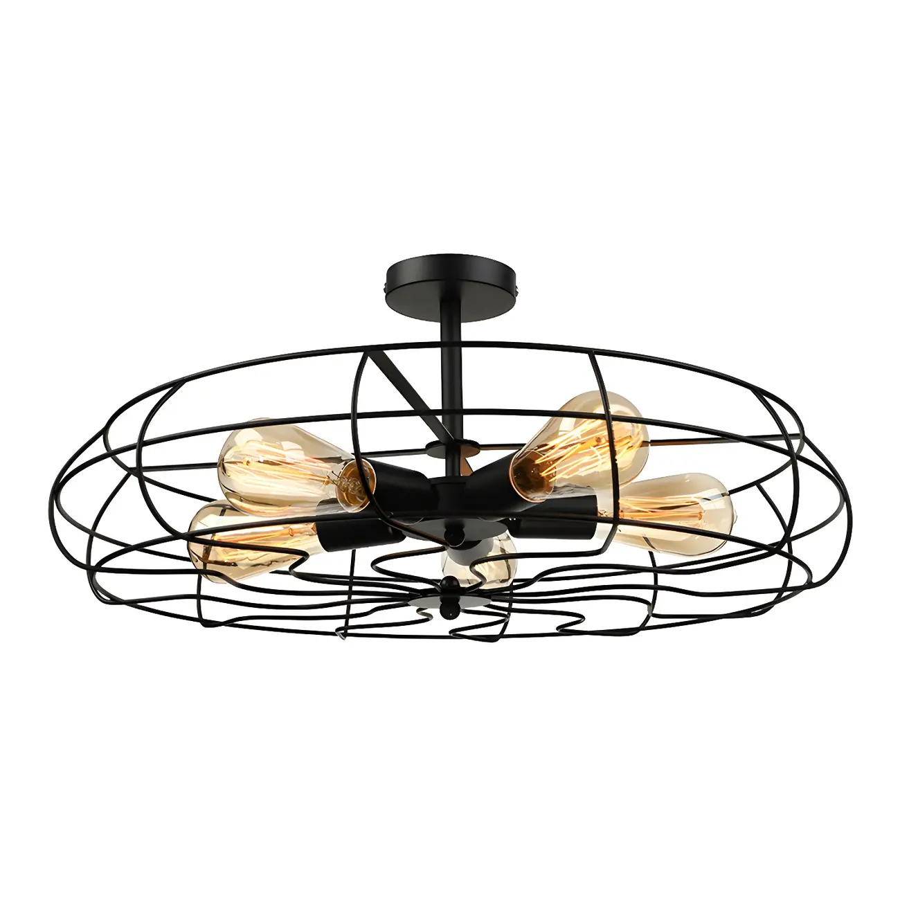 Industrial Metal Black Round Caged Semi Flush Ceiling Light