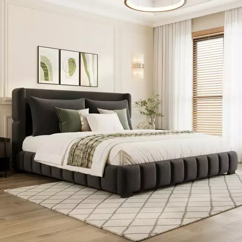 Upholstered Platform Bed with 2 Pillows, Black / White, Queen / King