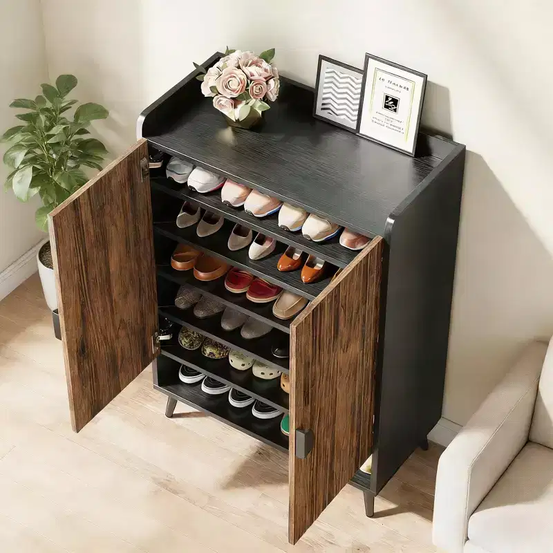 7-Tier Adjustable Wood Shoe Cabinet, Black/Brown & White/Gold, Holds 24 Pairs