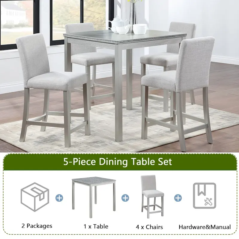 5 Pcs Counter Height Dining Table Set, Wooden Diningroom Furniture Set with Square Table and 4 Upholstered Chairs