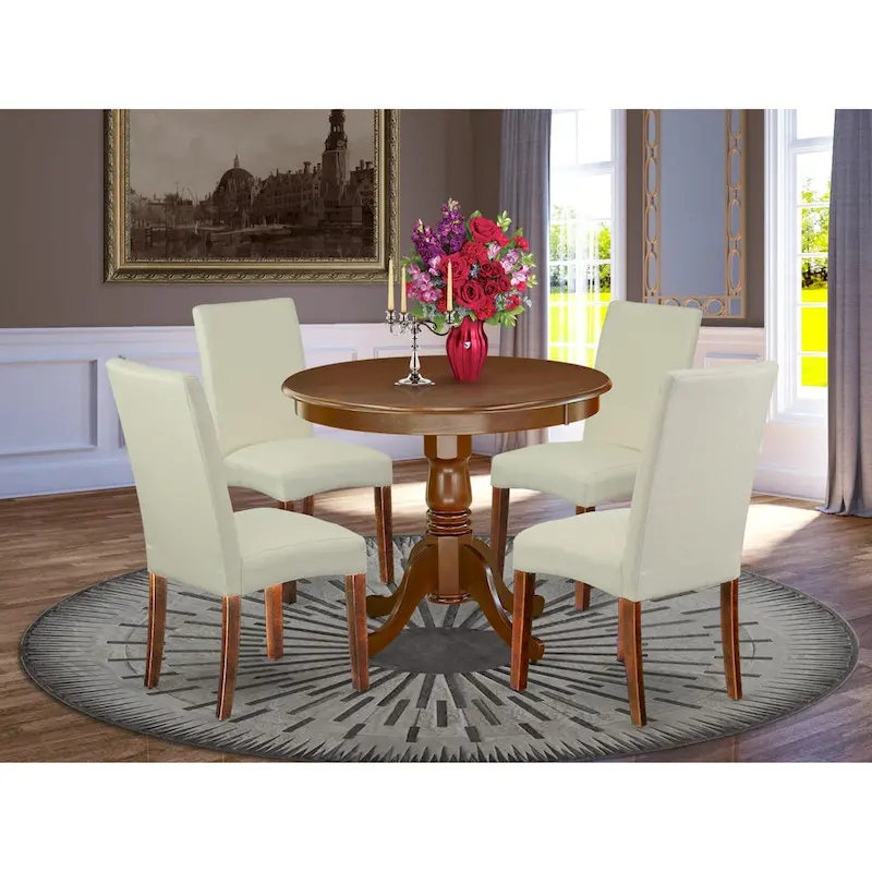 East West Furniture Kitchen Table Set- A Round Dining Room Table and Cream Linen Fabric Parson Chairs, Mahogany (Pieces Options)