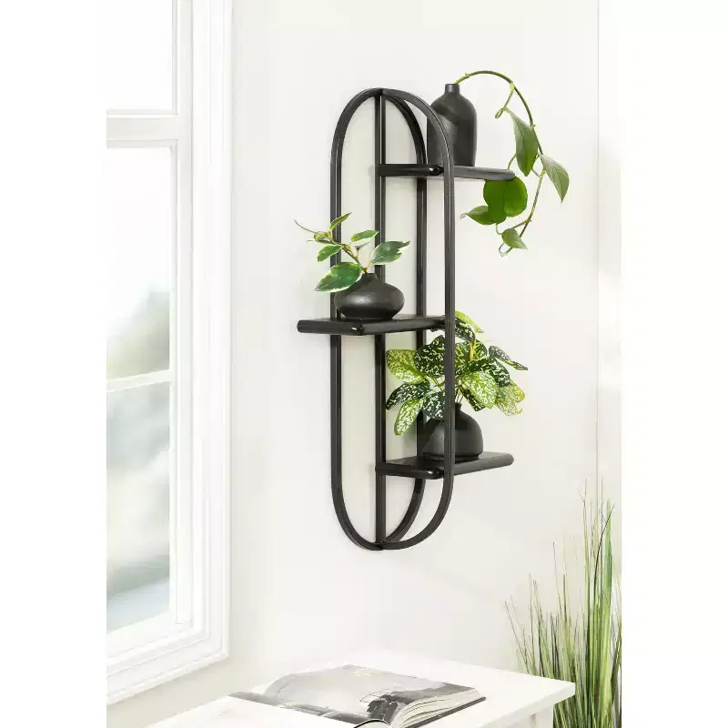 3-Tier Arched Floating Wall Shelf – Black Metal & Wood, 18x5.5x30 in
