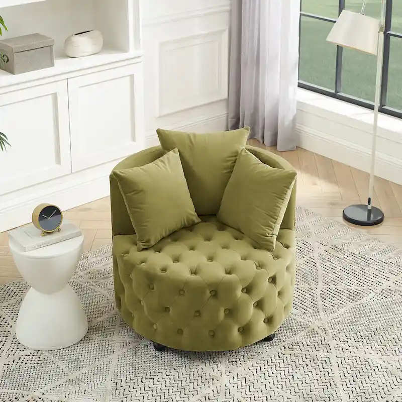 Living Room Velvet Swivel Chair with Button Tufted Design, 3 Pillows & Movable Wheels