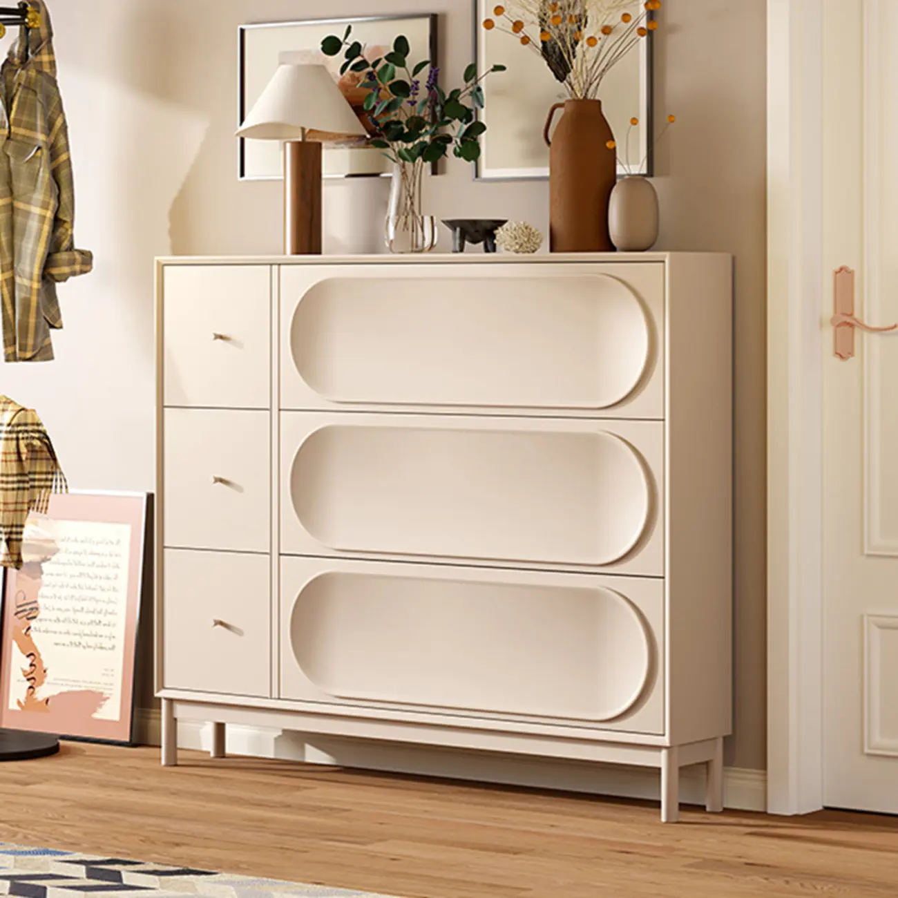Cream Wooden Drop Front Shoe Cabinet with 3 Drawers