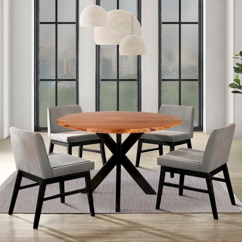 41-Inch Handcrafted Live-Edge Round Dining Table — Natural Brown Acacia Wood Top with Black Iron Legs