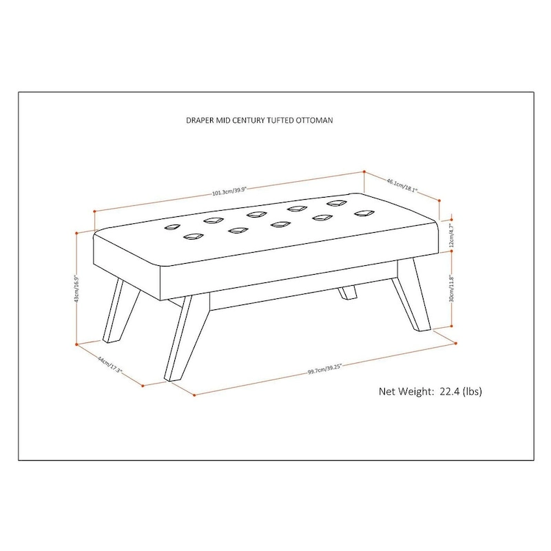 WYNDENHALL Tierney 40 inch Wide Mid Century Modern Rectangle Ottoman Bench