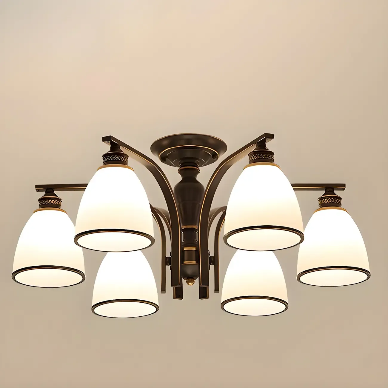 Traditional Black Down Bell Frosted Glass Semi Flush Mount Light