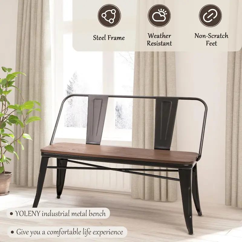 Dining Bench, Entryway Bench with Back, Farmhouse Metal Dining Bench, Industrial Mid-Century 3 Person Bench, Wood Seat