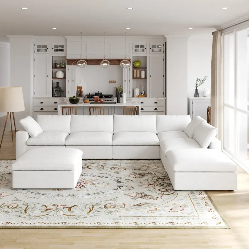 160 in. Free Combination Overstuffed Down Filled Comfort Linen U-shape 6-Seat Sofa Modular Sectional with Ottoman