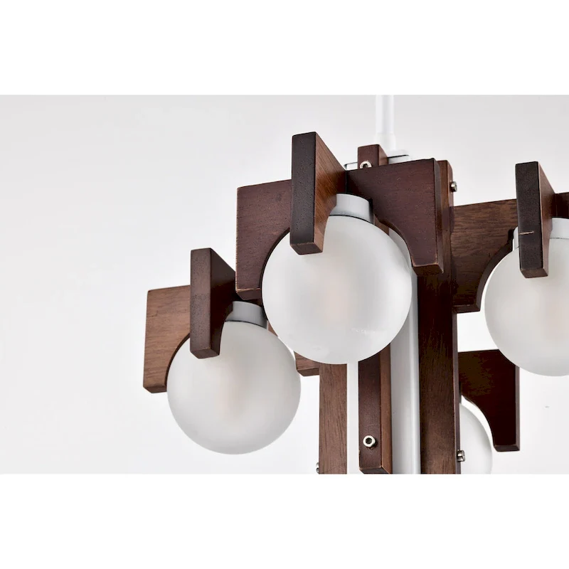 12  Tripner White Finish and Stained Wood Pendant Ceiling Lamp with Opaque Globes