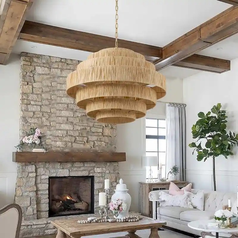 Farmhouse Gold Multi Tiers 5-Light Kitchen Island Pendant Light with Paper Woven Shade