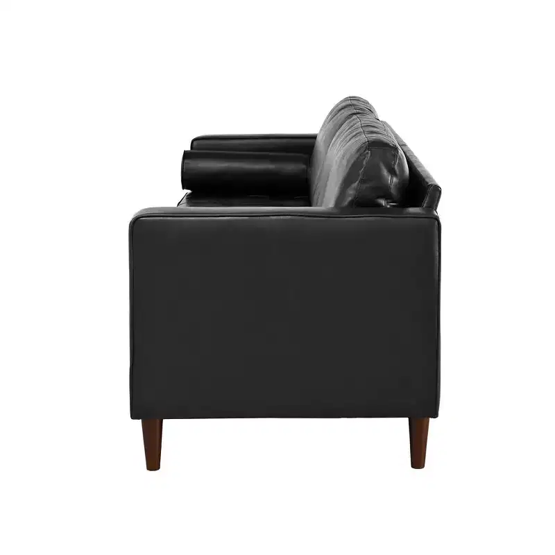 Whisen PU Leather 3-Seat Sofa, Mid-Century Modern Sofa Couch with Tufted Design, Solid Wood Legs, 2 Bolster Pillows