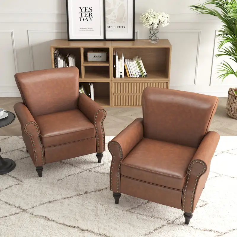 PU Leather Accent Chair, Brown/Black/Grey, Rolled Arms, Nailhead Trim, Set of 2, Seats 2