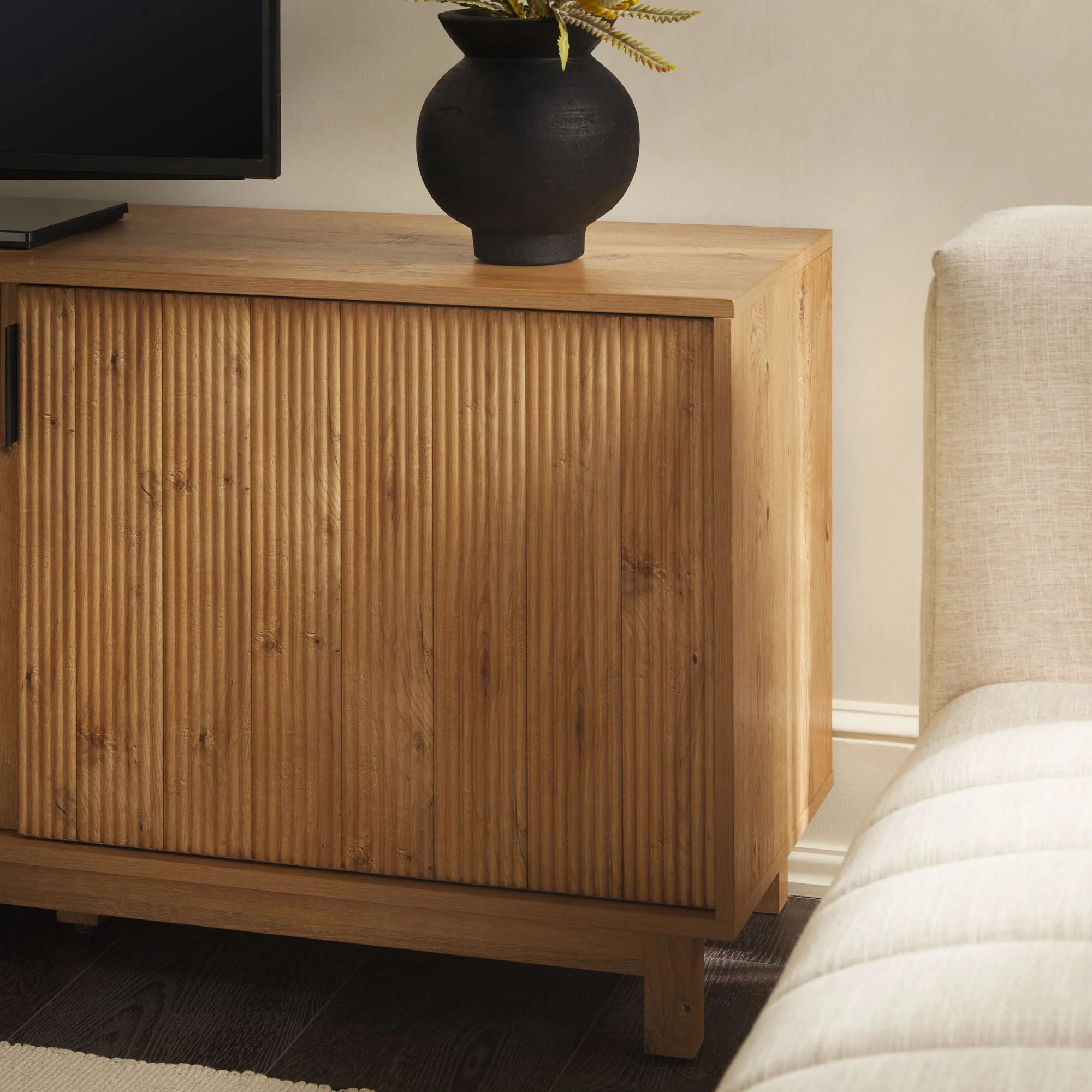 Reema Scandinavian 70 Modern Reeded TV Stand with Freestanding Electric Fireplace