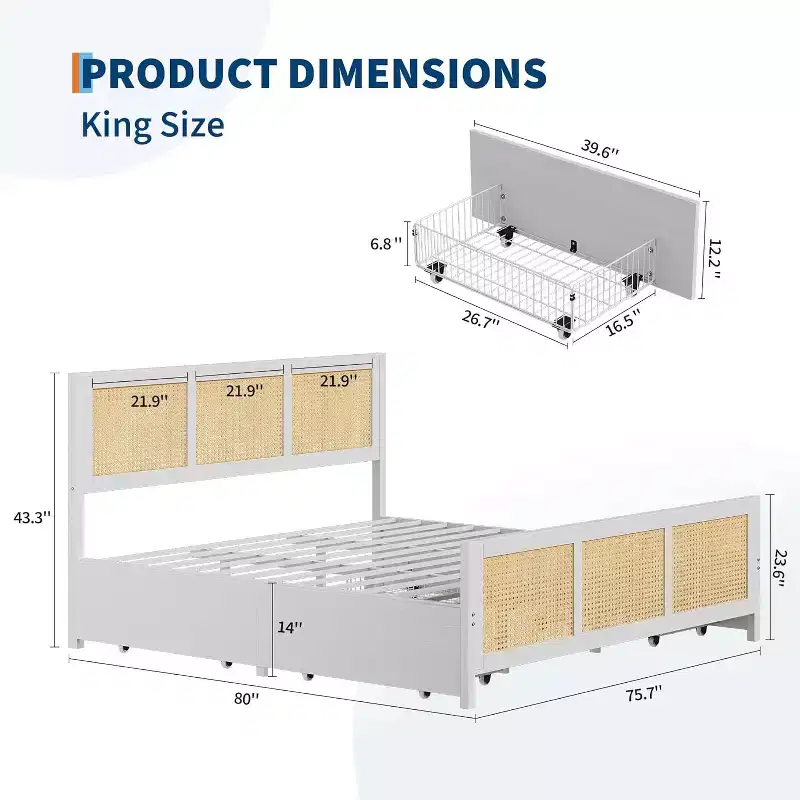 COZONY King Size Bed Frame with Headboard, Bohemian Rattan Platform Bed with Storage Drawers and LED Lighting, Complete Support System