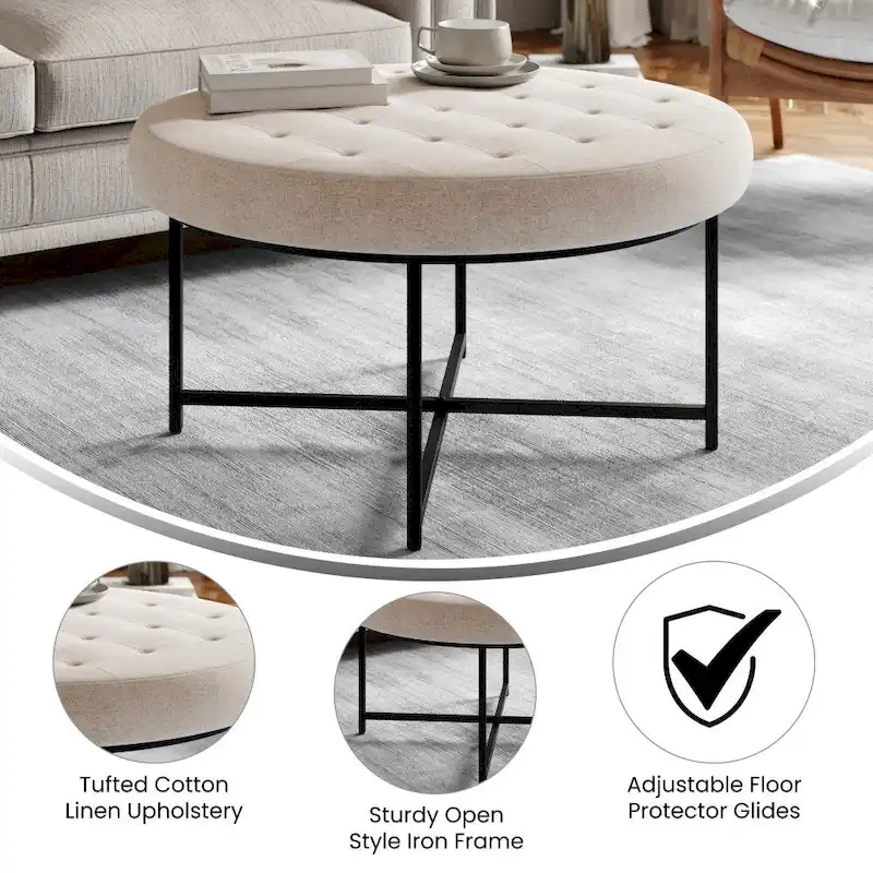 Tufted Round Cotton Linen Ottoman with Iron Frame
