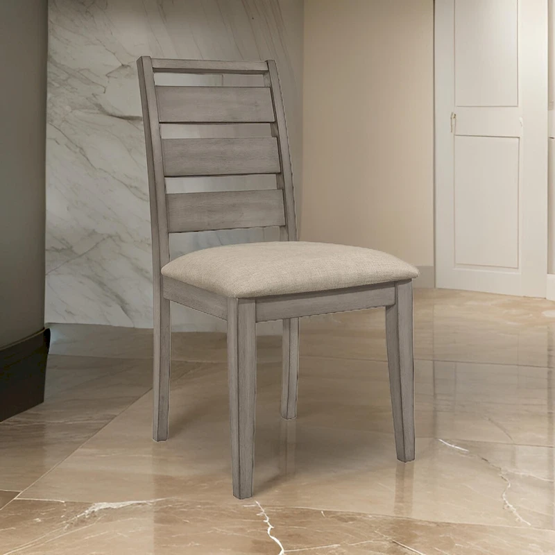 Rie 25 Inch Side Dining Chairs Set of 2, Gray Ladder Back, Greige Padded Fabric Seat