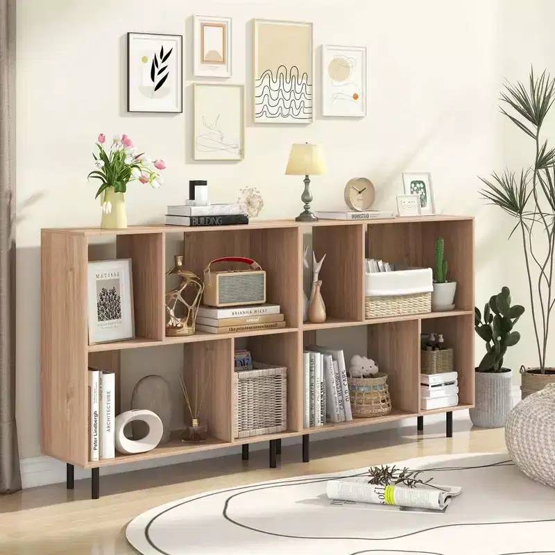 Black/Natural/White Mid-Century Modern 4-Cube Open Bookshelf, Single
