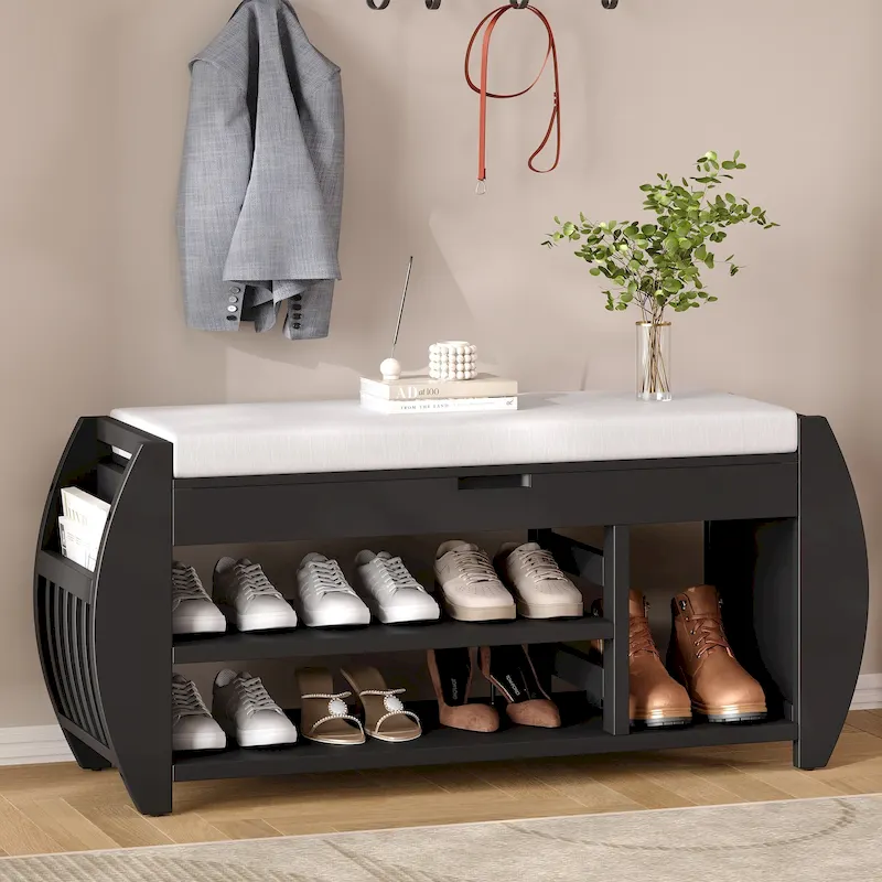 Shoe Storage Bench with Cushion and Curved Side