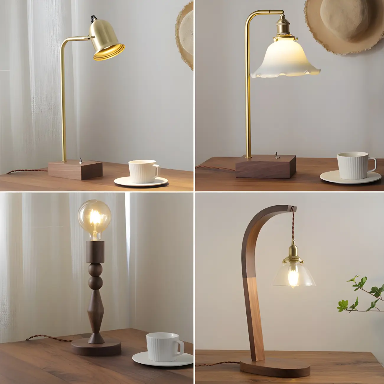 Retro Brown Gold Glass Wood Base Arched Table Lamp