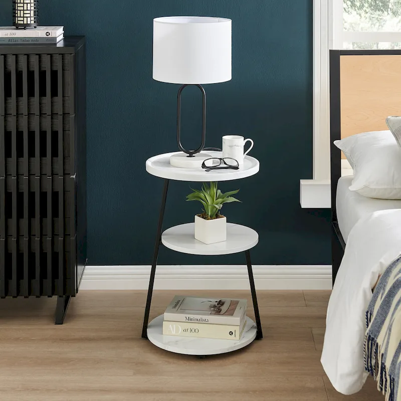 Skylar Round 3-Tier Side Accent Table with Raised Lip Edge Tabletop and Midcentury Modern Metal Asymmetric Pedestal Legs