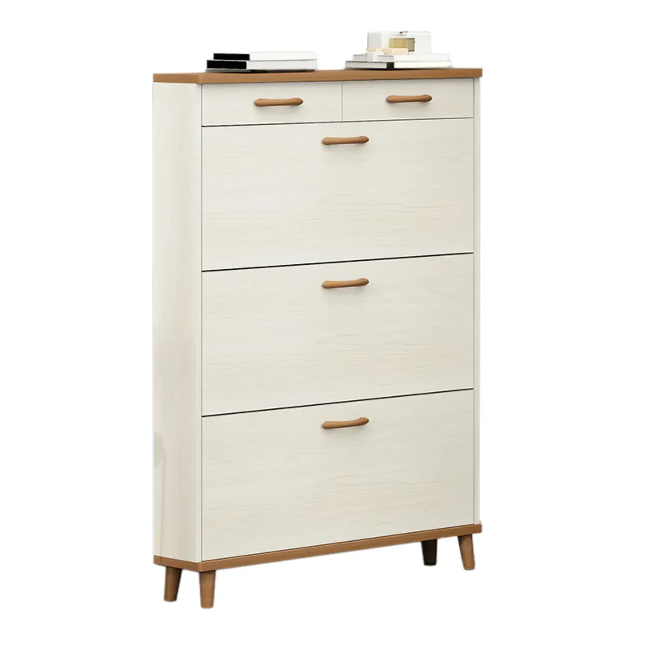 Narrow Beige Solid Wood Drop Front Shoe Cabinet
