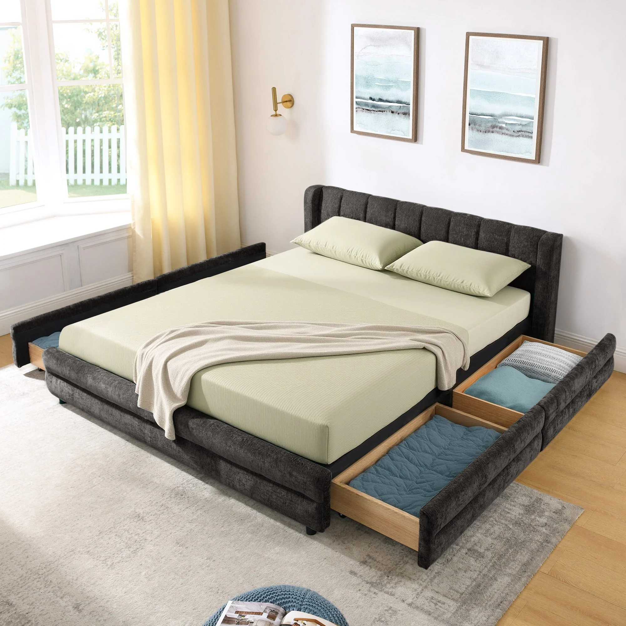 Chenille Upholstered Queen Size Upholstered Bedframe with Drawers