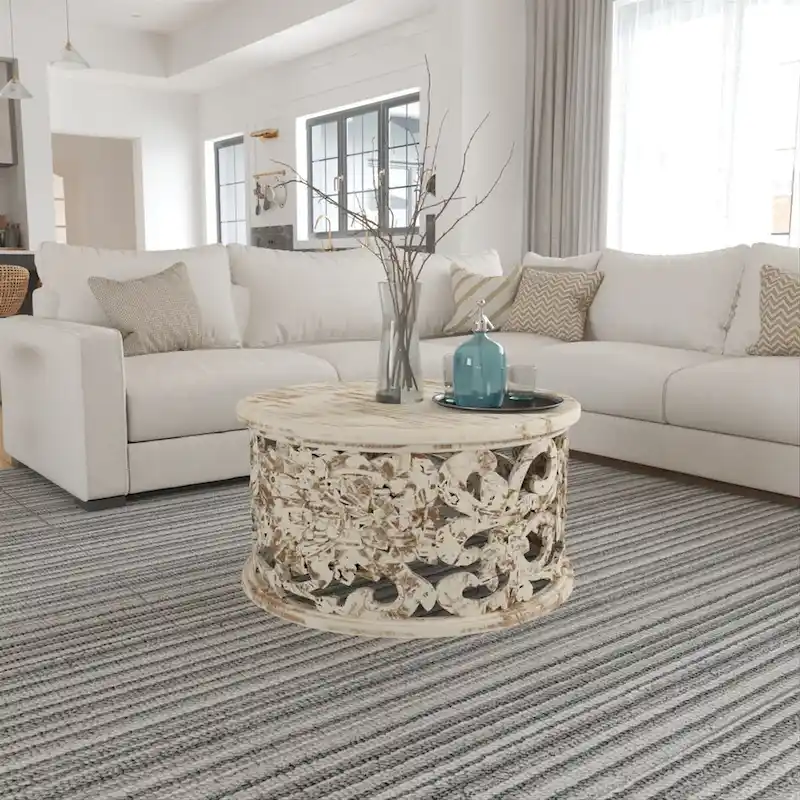 Alina Coffee Table Handcrafted Mango Wood Floral Carved Cut Out Design Distressed White Finish 33 Inch