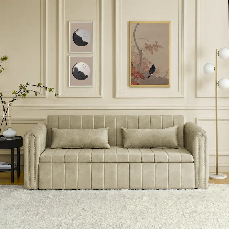 Modern 68 Foam 3 in 1 Pull-Out 3-seaters Bed Sleeper Sofa with Copper Nails and Two Drawers