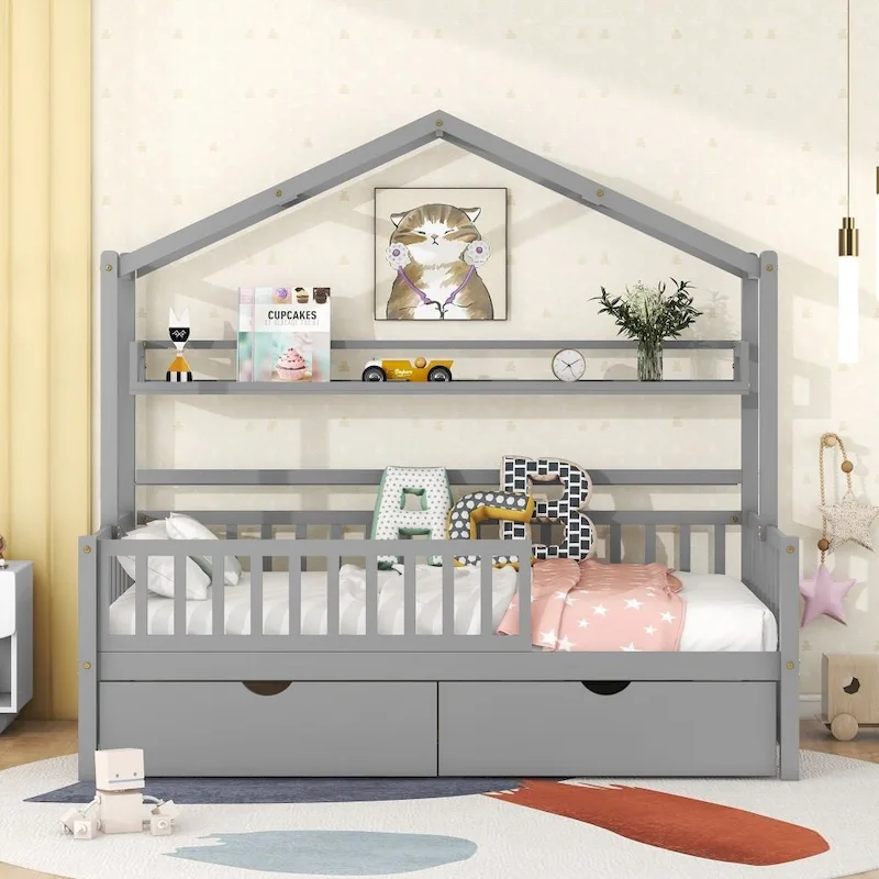Wooden Twin Size House Bed with 2 Drawers,Kids Bed with Storage Shelf, White