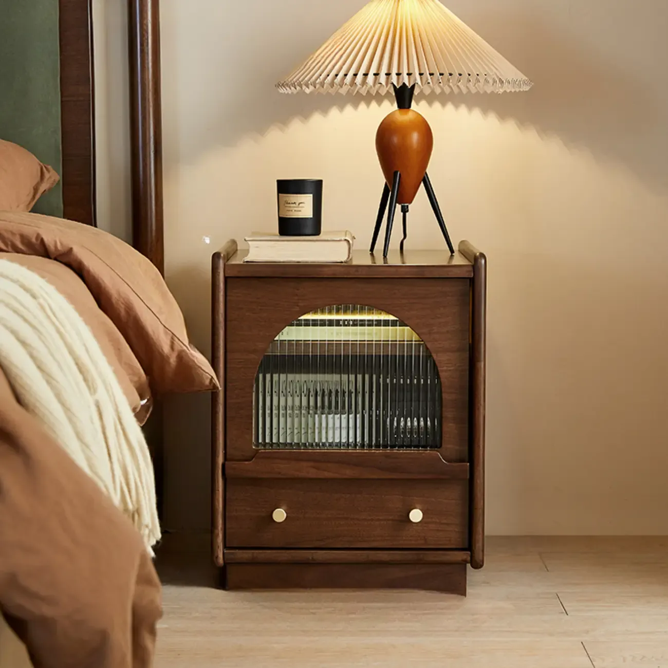 Bedroom Wood Walnut Glass Door Nightstand with Drawer