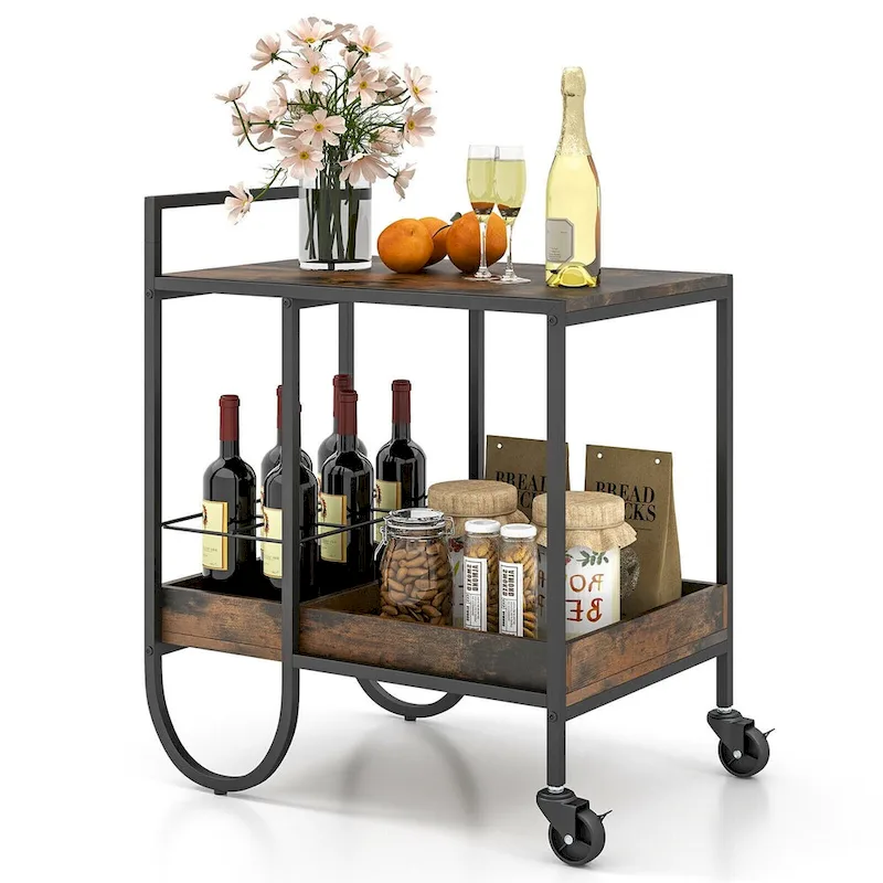 Rolling Buffet Serving Cart with Removable Metal Wire Wine Rack-Brown - 24 x 17 x 29 (L x W x H)