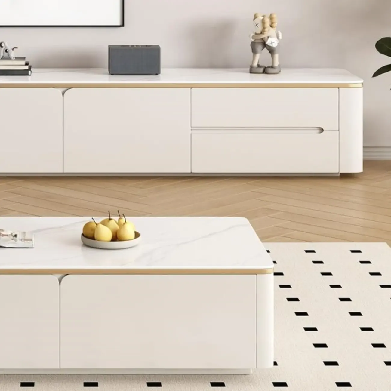 Modern White Stone Long TV Stand with Drawers