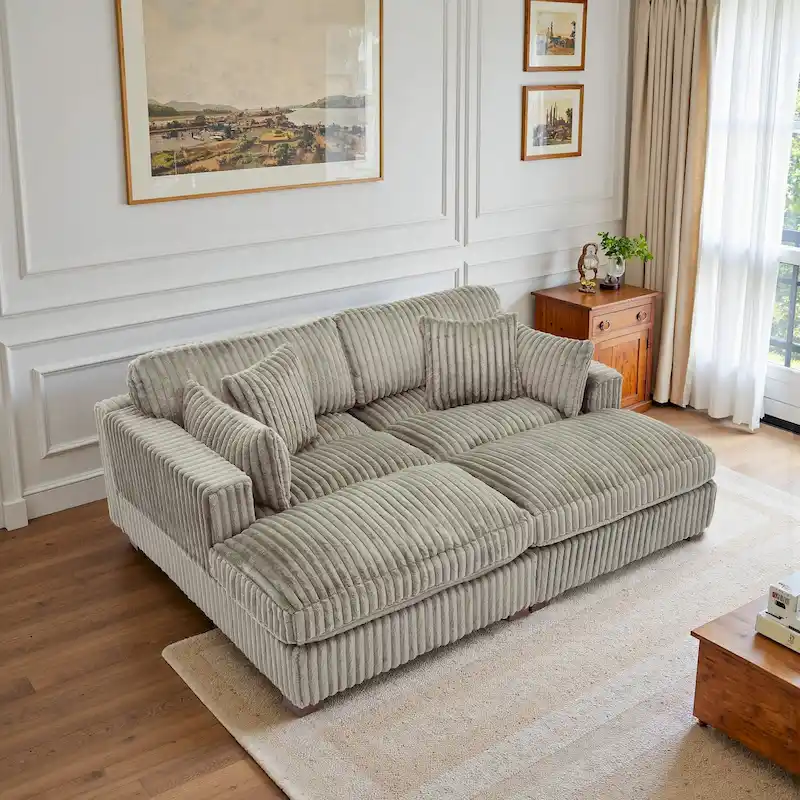 82 W Plush Corduroy Modular Sectional Sofa with Chaise Lounge