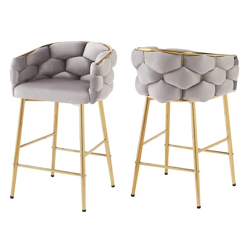 Set of 2 Bar Stools with Velvet Padded Seat and Metal Legs