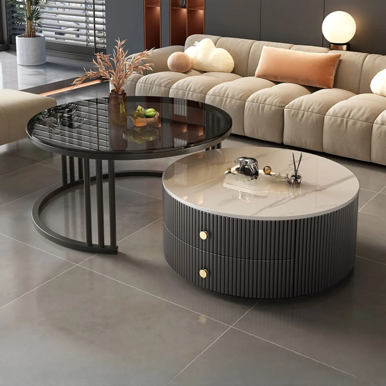 Modern White Round Nesting Coffee Table Set with Steel Base
