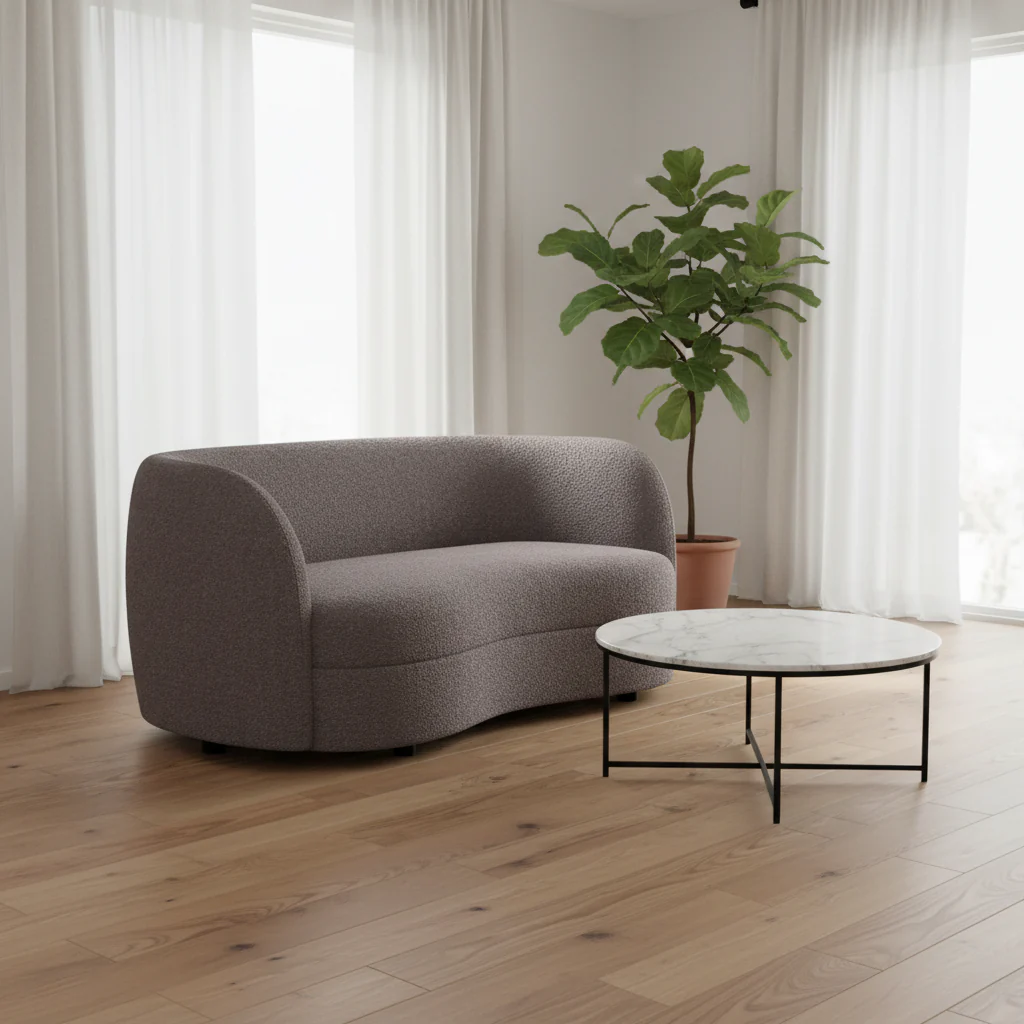 64-Inch Two-Seater Sofa — Charcoal Grey Bouclé with Curved, Kidney-Shaped Design