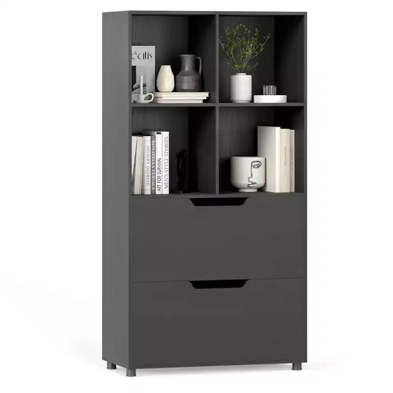 Black/Gray/Natural 5-Tier 4-Cube Bookcase with 2 Drawers