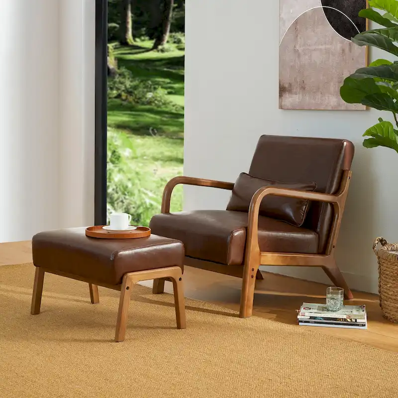 Glitzhome 30.75H Mid-Century Modern PU Leather Armchair Accent Chair with Pillow - 25.75W x 33.75D x 30.75H