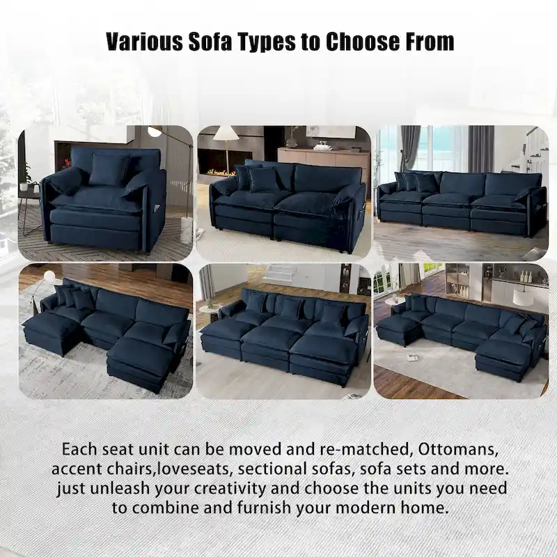 109.45 Chenille Upholstered 3-Seater Sleeper Modular Sectional Sofa with Double-Layer Cushions, DIY Combination