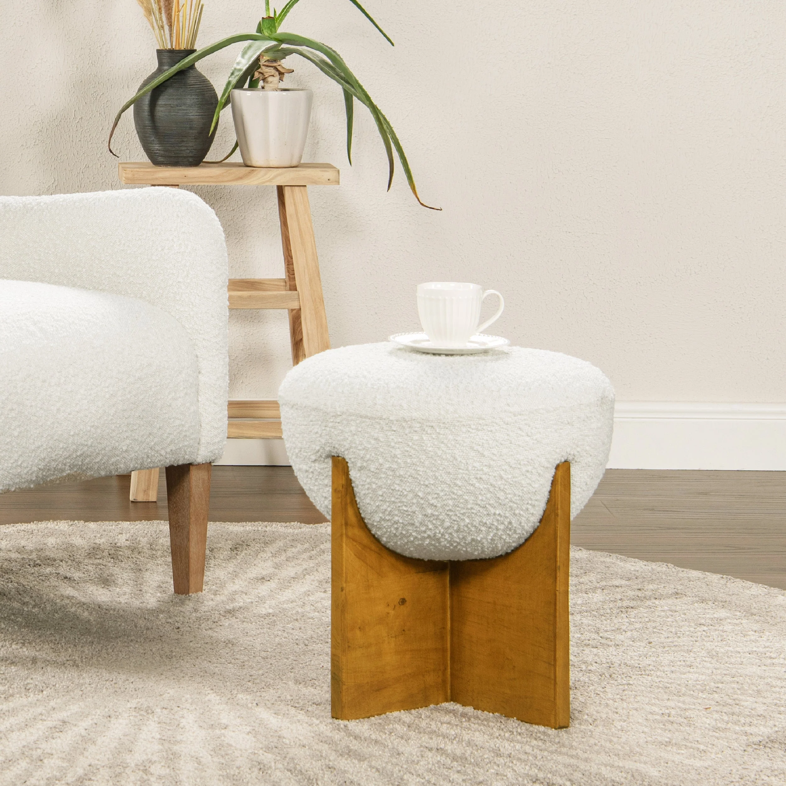 Walker Edison | Bali 18.5' Round Upholstered Ottoman with Natural Wood Base