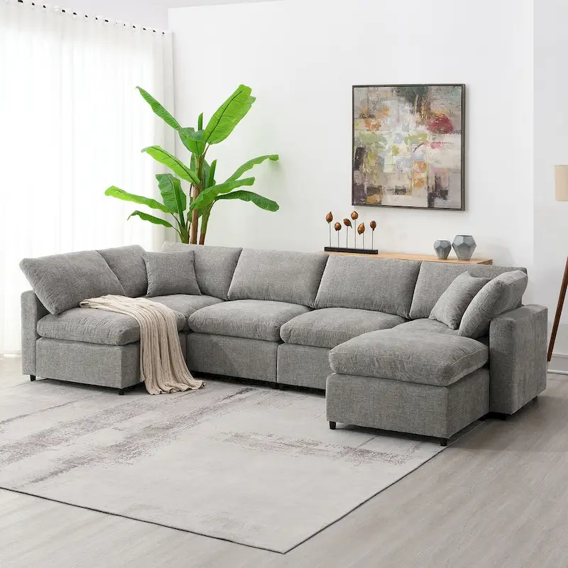 U-Shaped Modular Chenille Sectional Sleeper Sofa with Ottoman