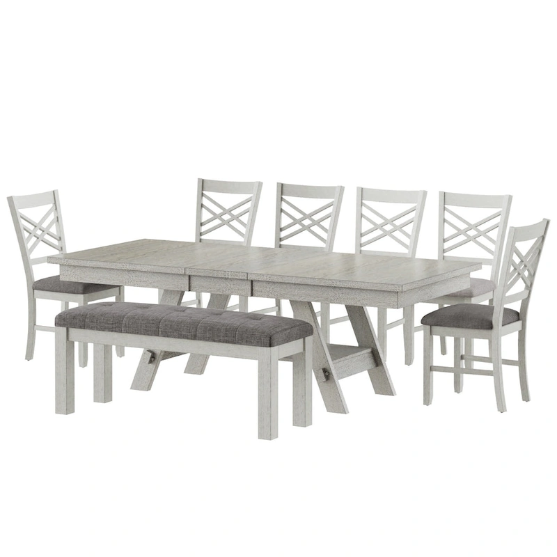 VECELO 6/8-Piece Dining Table Set with Bench, Solid Wood Rectangular Extendable Dining Table & 4 Solid Wood Dining Chairs